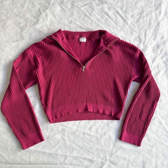Cotton On Magenta Zip Up Cropped Ribbed Sweater - Picture 3 of 8